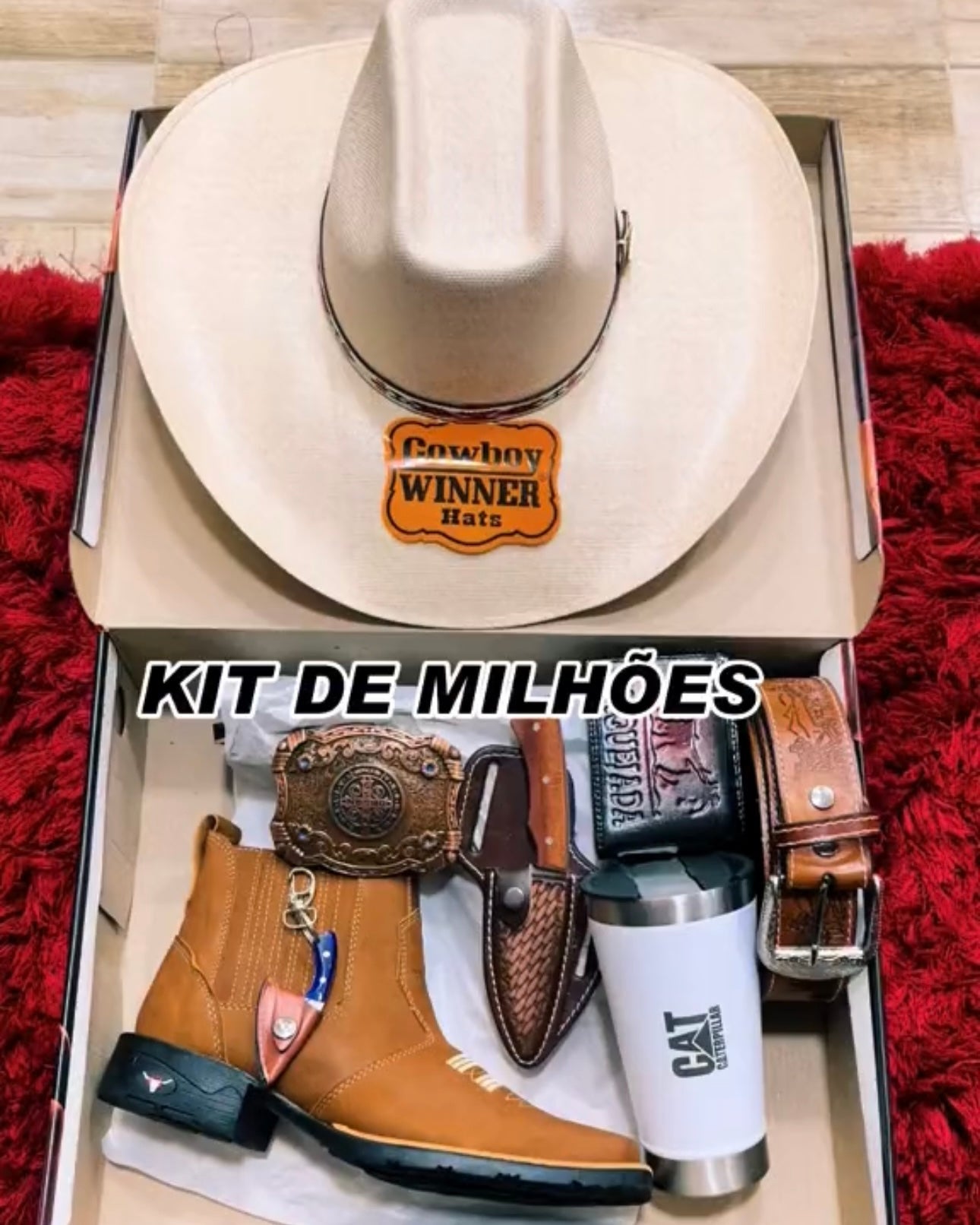 Kit Cowboy - Botina + Chapéu Boiadeiro + Cinto + 2 Facas + Copo Térmico + Fivela...