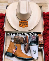 Kit Cowboy - Botina + Chapéu Boiadeiro + Cinto + 2 Facas + Copo Térmico + Fivela...