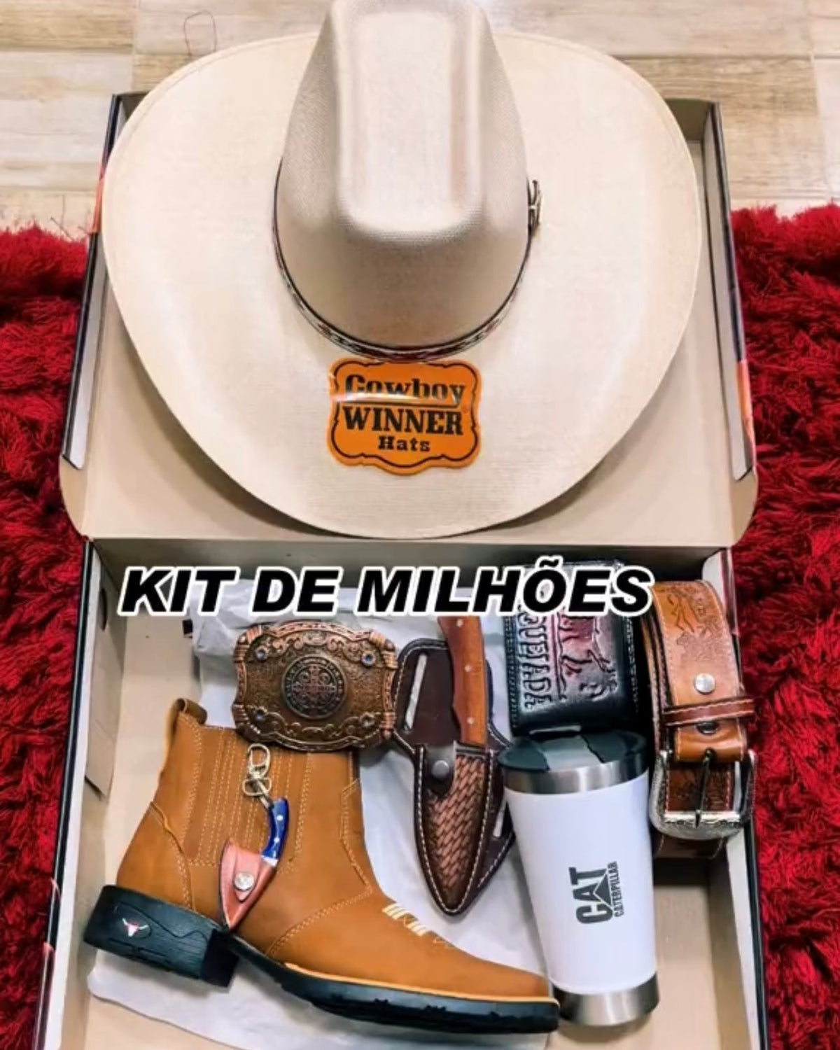 Kit Cowboy - Botina + Chapéu Boiadeiro + Cinto + 2 Facas + Copo Térmico + Fivela