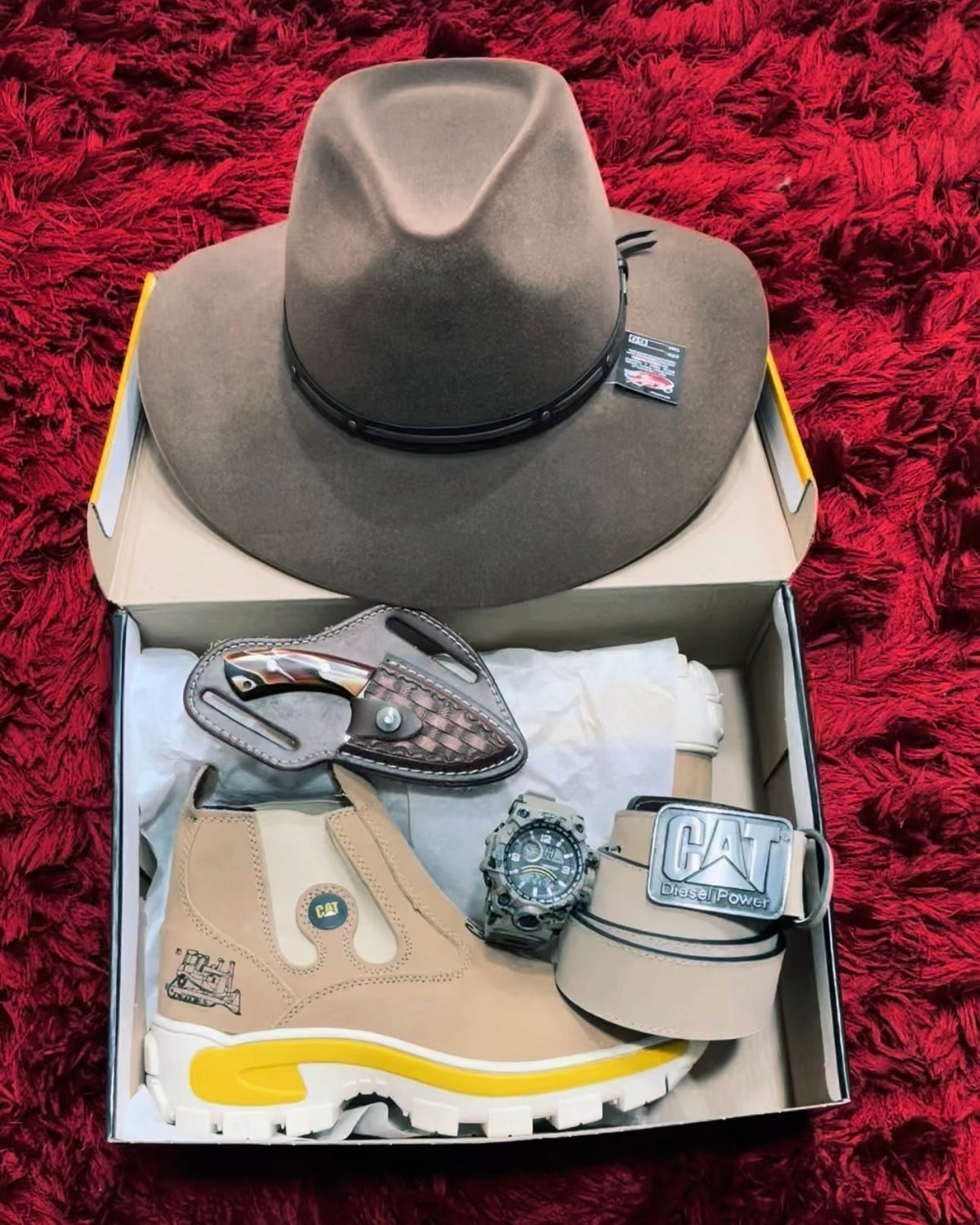 Kit Fazendeiro - Botina + Relógio Militar + Chapéu Boiadeiro + Cinto + Faca